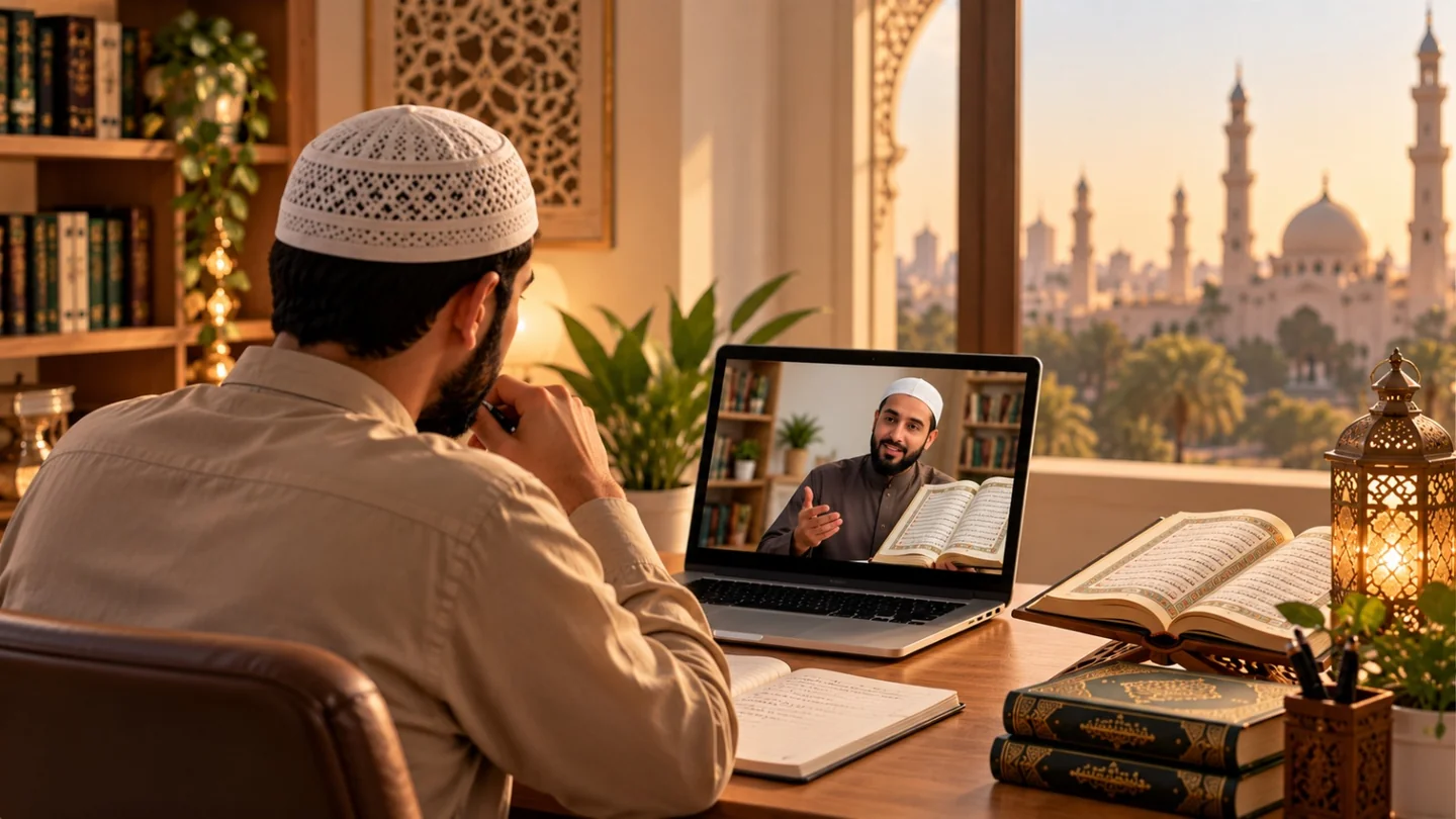 Adult student learning Quran online with a Quran teacher